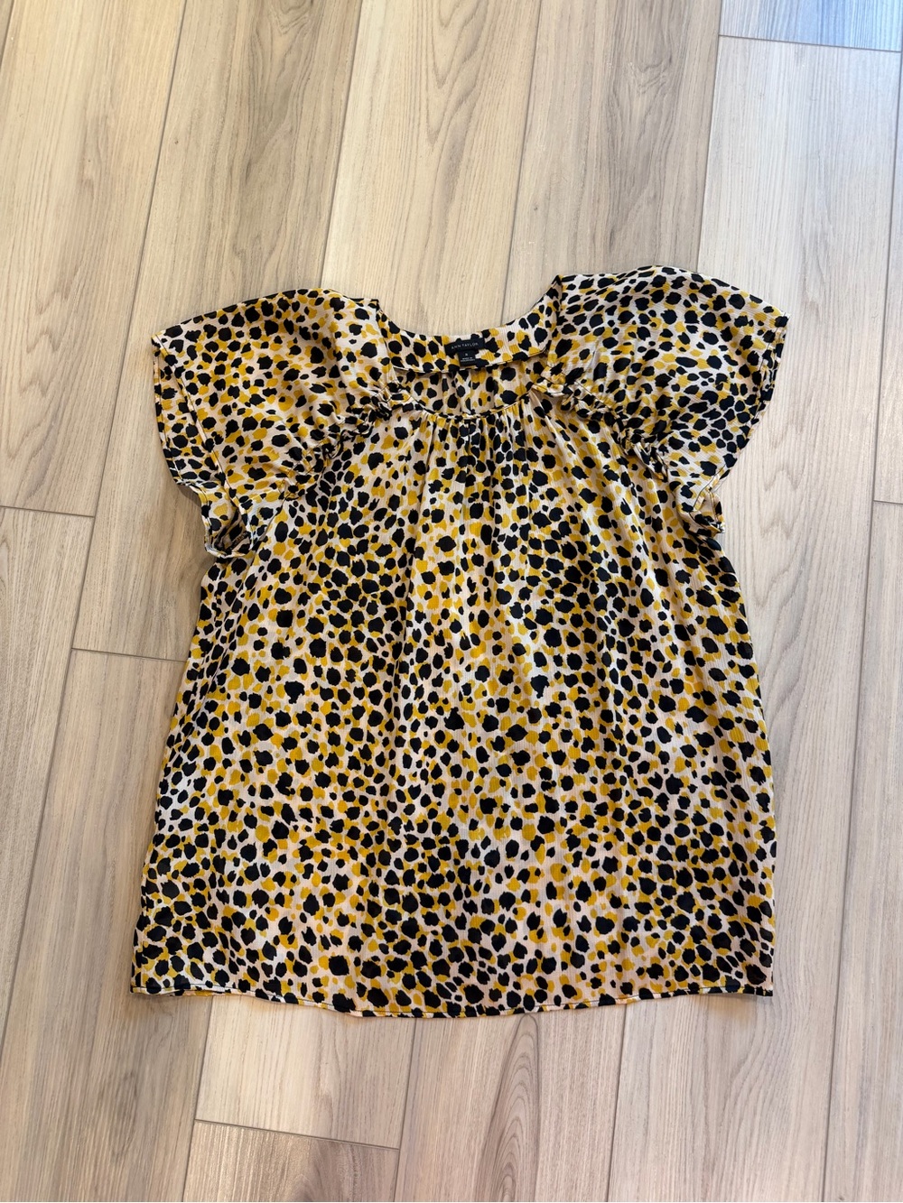 Ann Taylor Womens Yellow Leopard Print Short Sleeve Blouse